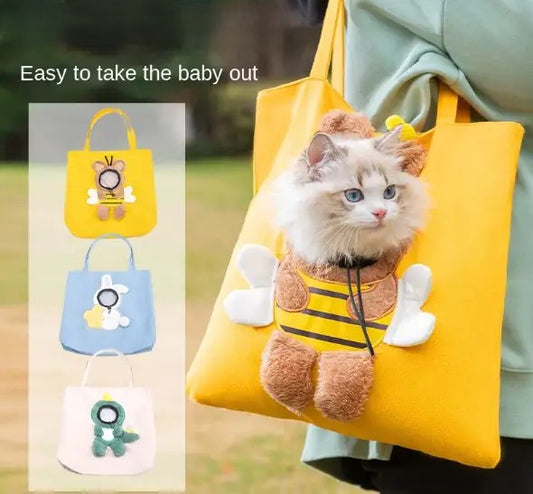 Yellow bag with a cat in a bee costume, surrounded by smaller bags with animal designs.