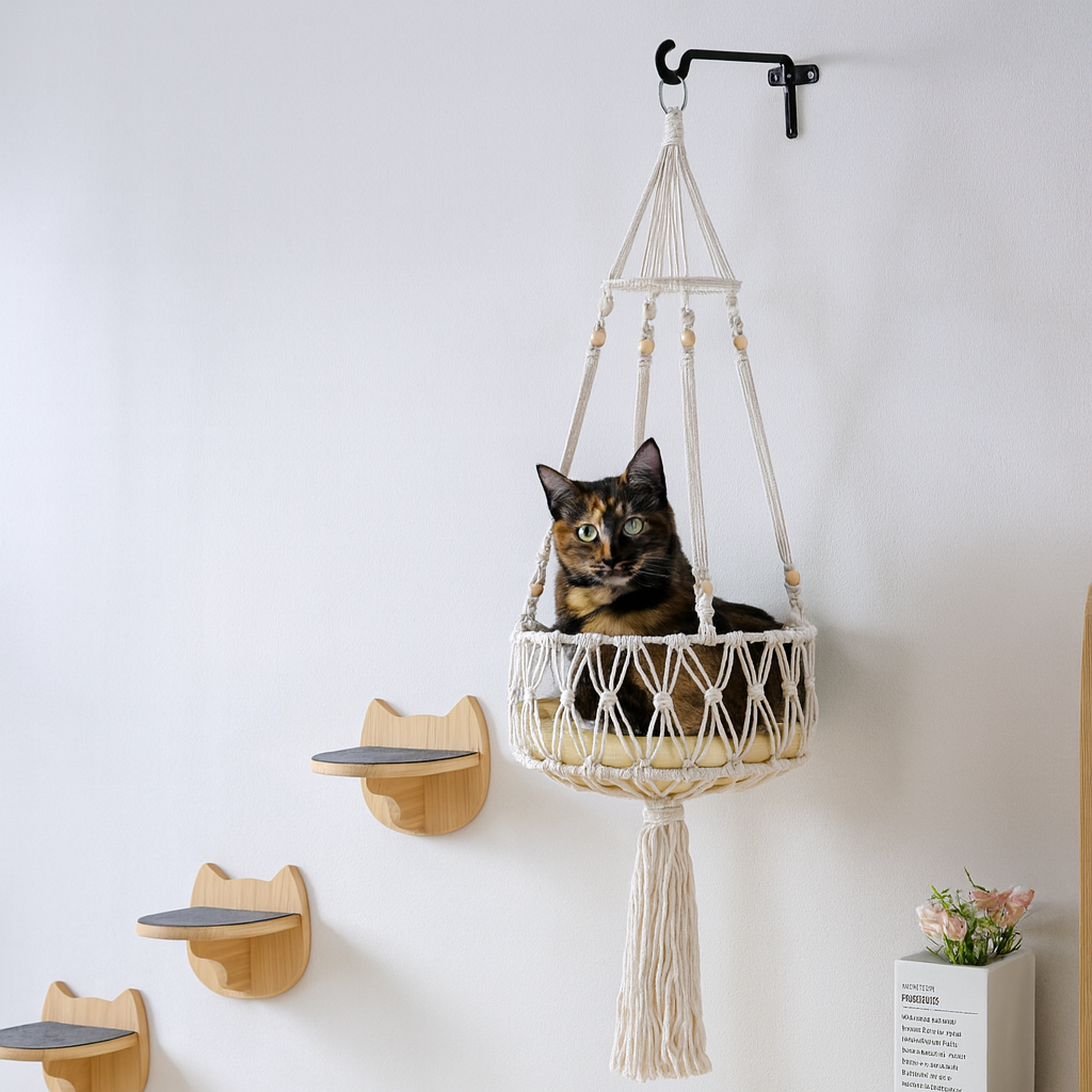Boho Cat Hammock with Gentle Swing – Stylish Macrame Design for Ultimate Cat Comfort. This stylish macrame cat bed offers a swinging motion that comforts and entertains cats, embodying the essence of bohemian style in a beautiful pet furniture piece.