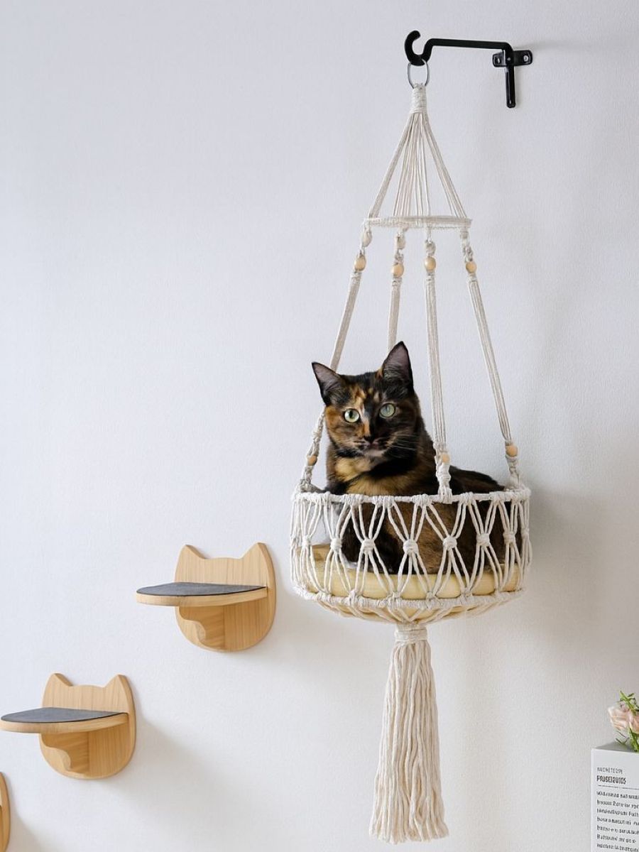 Cat sitting in a macrame hammock against a white wall.