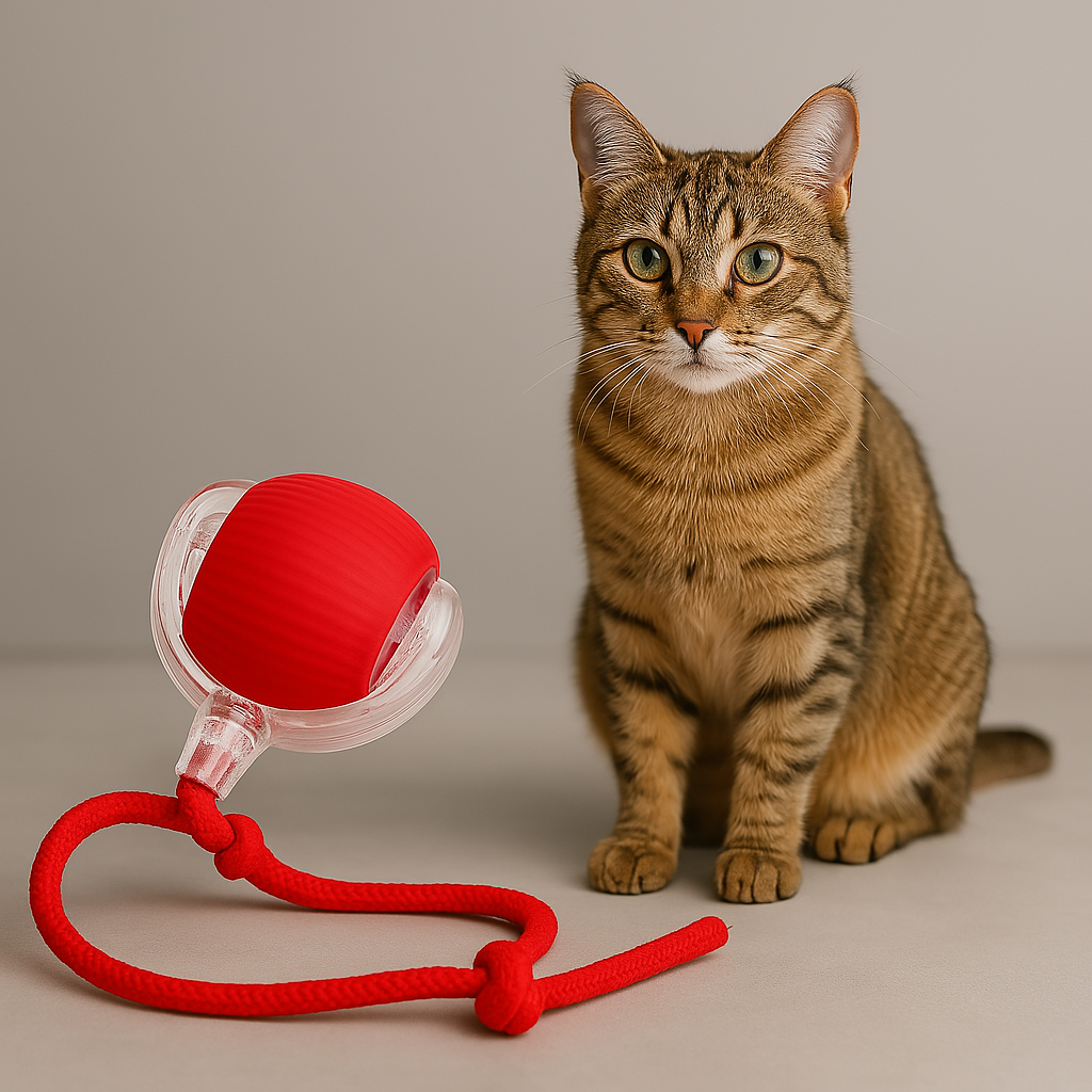 Cat sitting next to a red and white cat toy on a neutral background