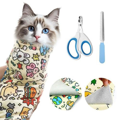 Cat wearing a grooming wrap with grooming tools on a white background
