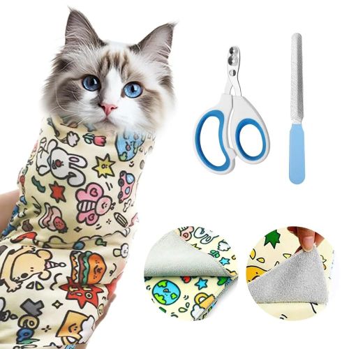 Cat wearing a grooming wrap with grooming tools on a white background