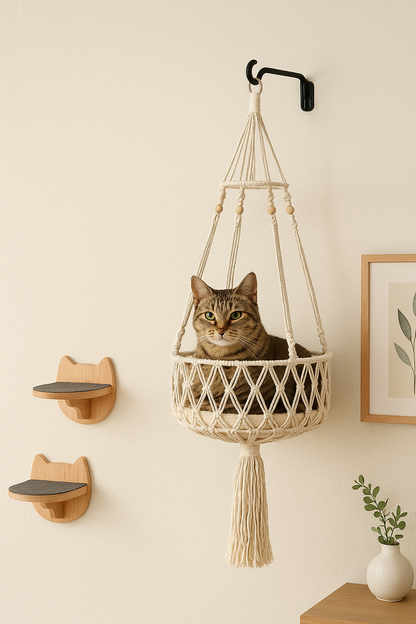 Boho Cat Hammock with Gentle Swing – Stylish Macrame Design for Ultimate Cat Comfort. Elevate your feline friend’s lounging with this handcrafted hammock, designed for ultimate comfort and elegance, perfect for cat lovers embracing a cozy and trendy bohemian aesthetic.
