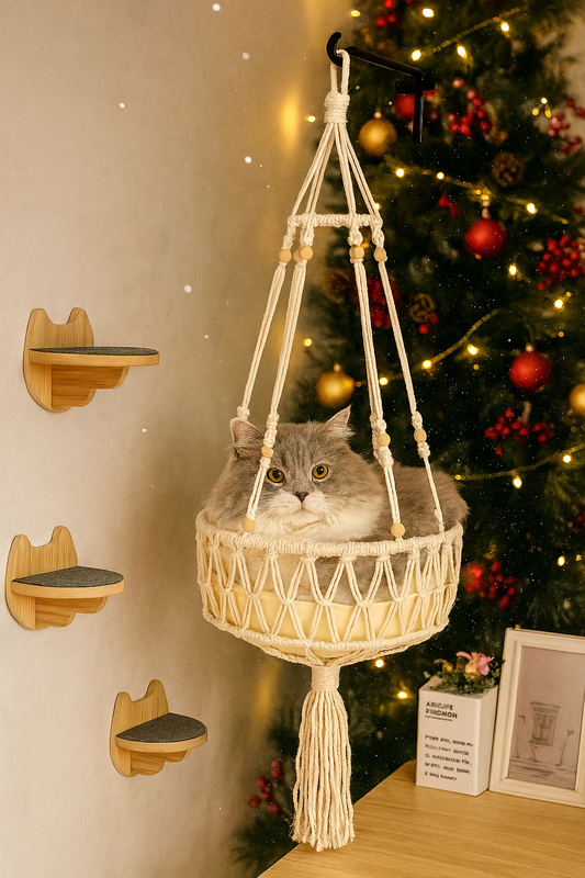 Boho Cat Hammock with Gentle Swing – Stylish Macrame Design for Ultimate Cat Comfort. This handcrafted macrame hammock offers a cozy lounging experience for your feline, combining bohemian elegance with swinging comfort, making it the perfect pet furniture for stylish homes.