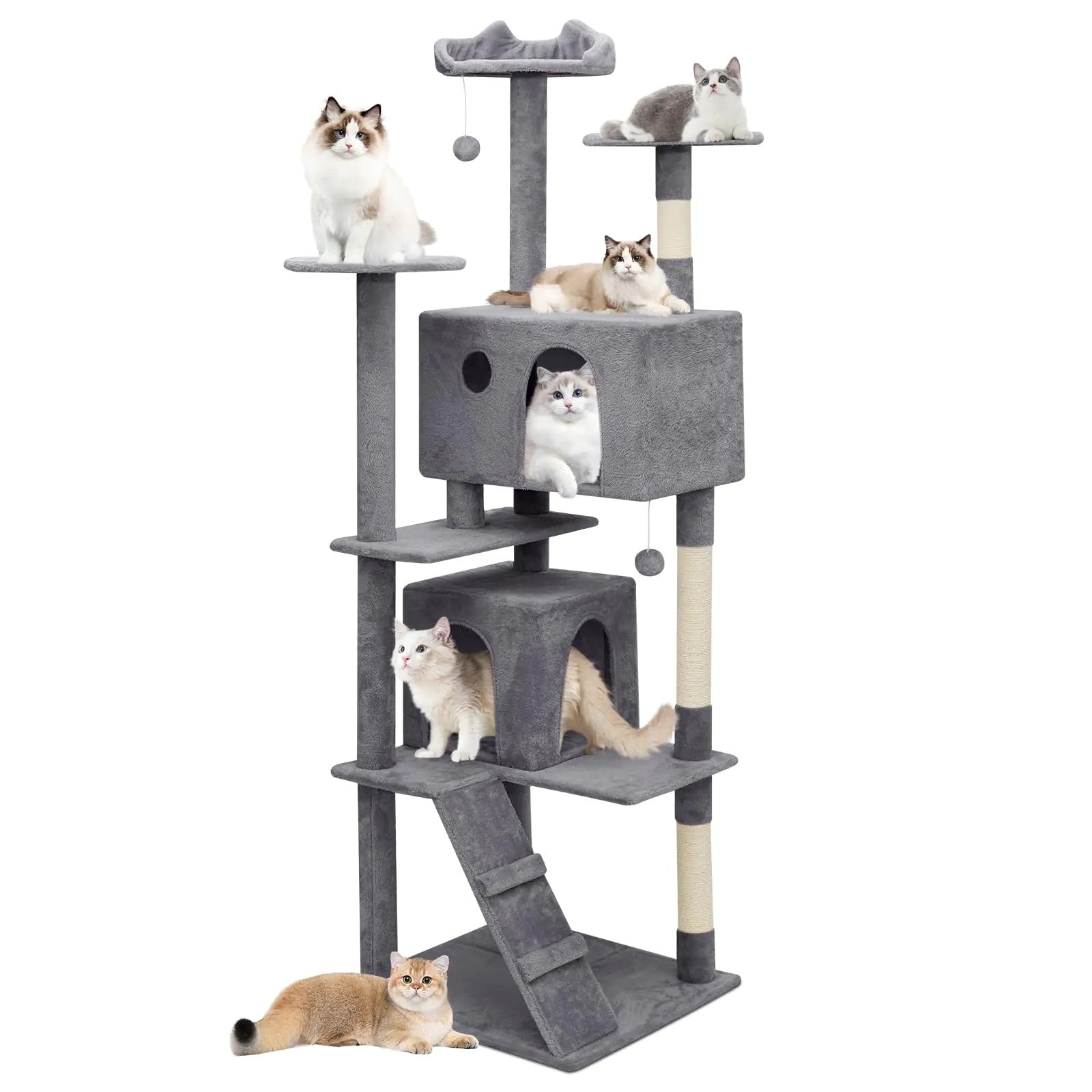 MoNiBloom 77-Inch Majestic Multi-Level Cat Tower featuring plush condos and scratching posts, designed for luxury and comfort, an ideal multi-level cat tower for feline play and relaxation.