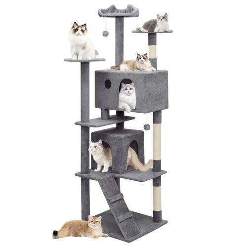 MoNiBloom 77-Inch Majestic Multi-Level Cat Tower featuring plush condos and scratching posts, designed for luxury and comfort, an ideal multi-level cat tower for feline play and relaxation.