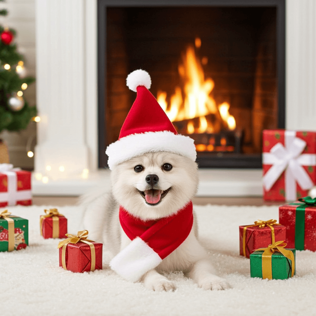 Furry friend dressed in a stylish Christmas pet outfit with a cute hat and scarf, ready for holiday fun.