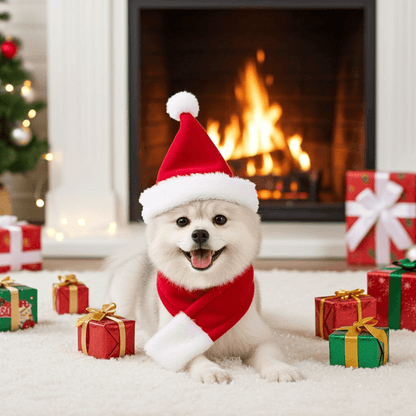 Furry friend dressed in a stylish Christmas pet outfit with a cute hat and scarf, ready for holiday fun.