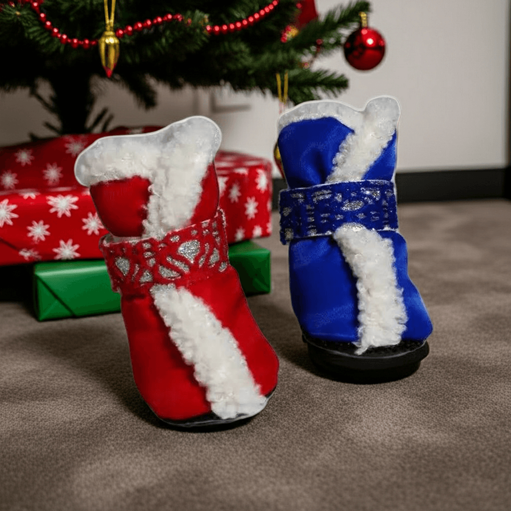 Christmas Pet Snow Boots – Warm, Waterproof & Festively Styled - showcasing the waterproof exterior that protects your pet's paws from snow and slush.