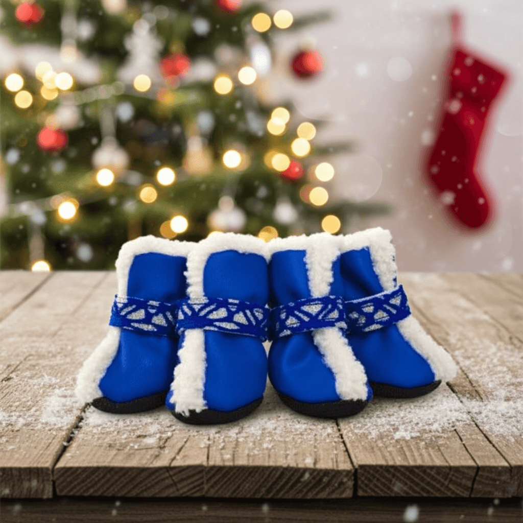 Christmas Pet Snow Boots – Warm, Waterproof & Festively Styled - demonstrating the non-slip soles that provide traction for safe winter walks.