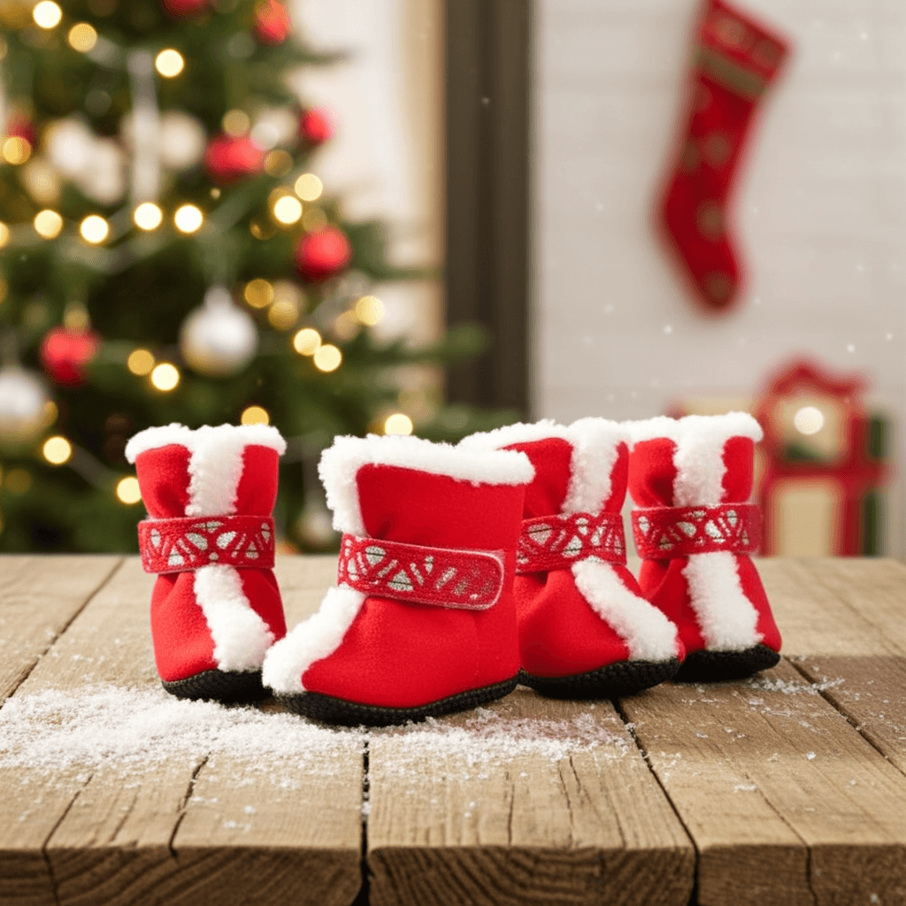 Christmas Pet Snow Boots – Warm, Waterproof & Festively Styled - an overview of the boots with various sizes, perfect for any pet.