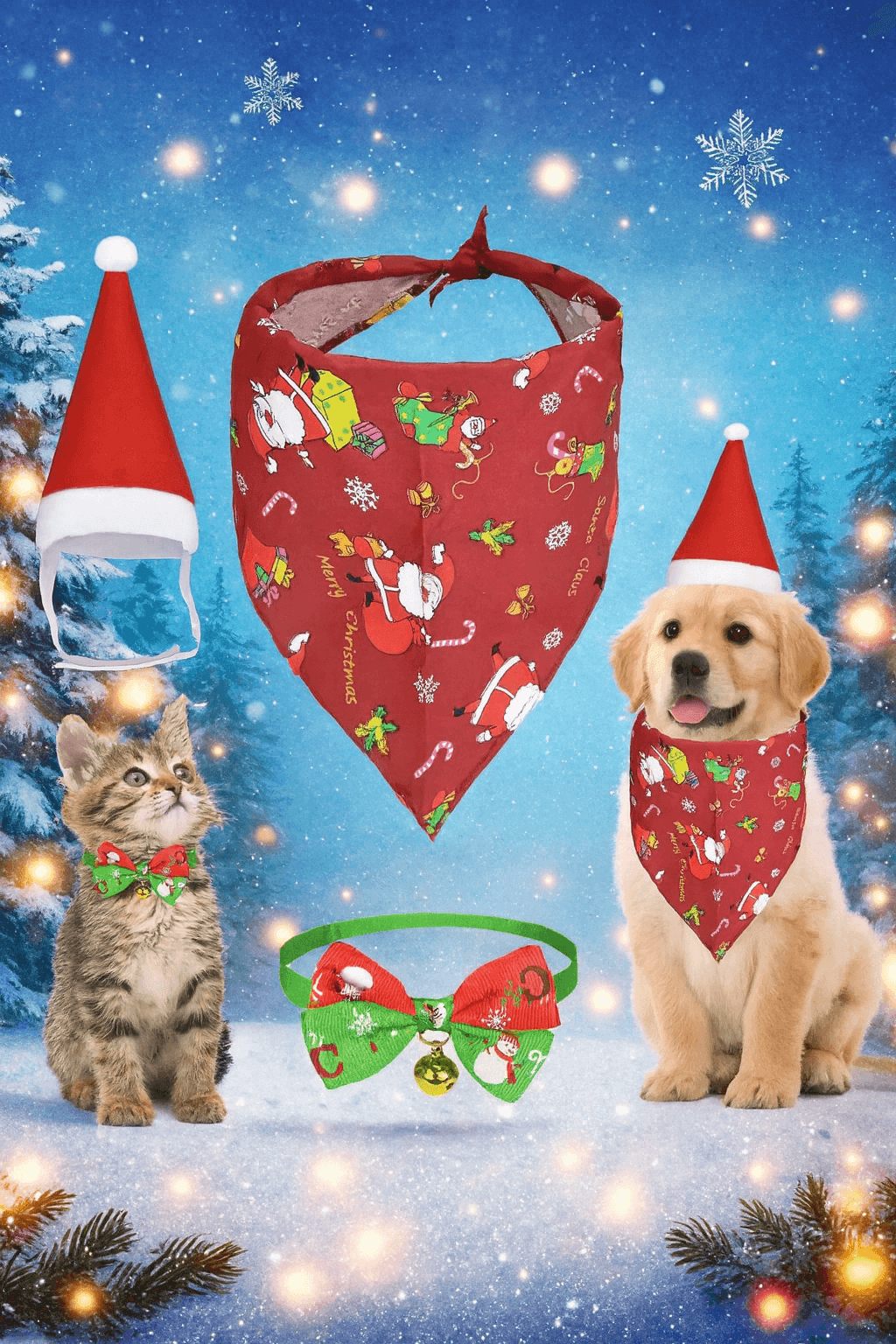 3-Piece Christmas Pet Costume Set featuring a snug Santa hat, triangle scarf, and festive bowtie for your furry friend.
