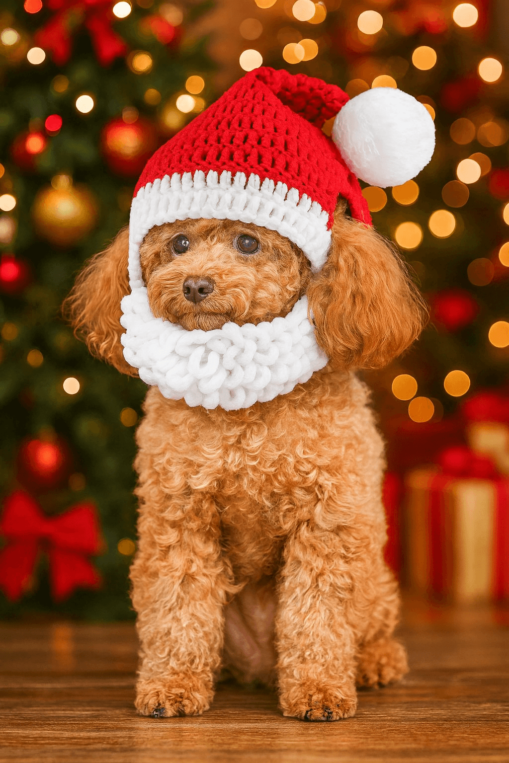 Cute pet wearing the Santa Paws Bearded Hat, showcasing the festive design ideal for holiday celebrations. Perfect pet santa hat for making your furry friend stand out.