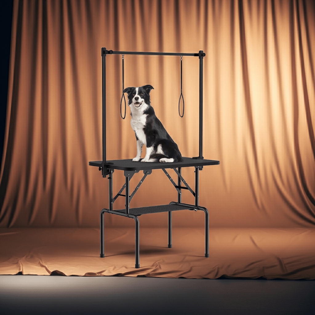 Dog on a grooming table with a brown curtain background