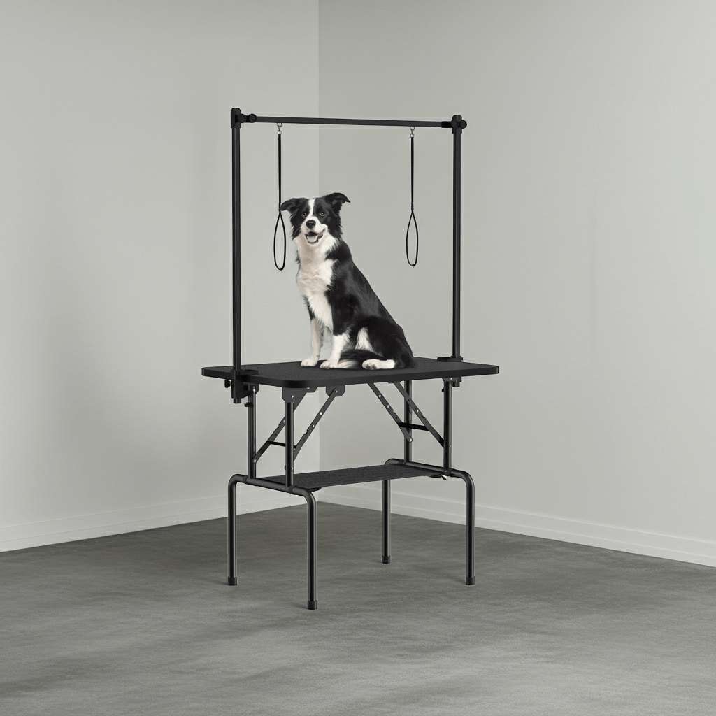 Dog standing on a grooming table with a gray background