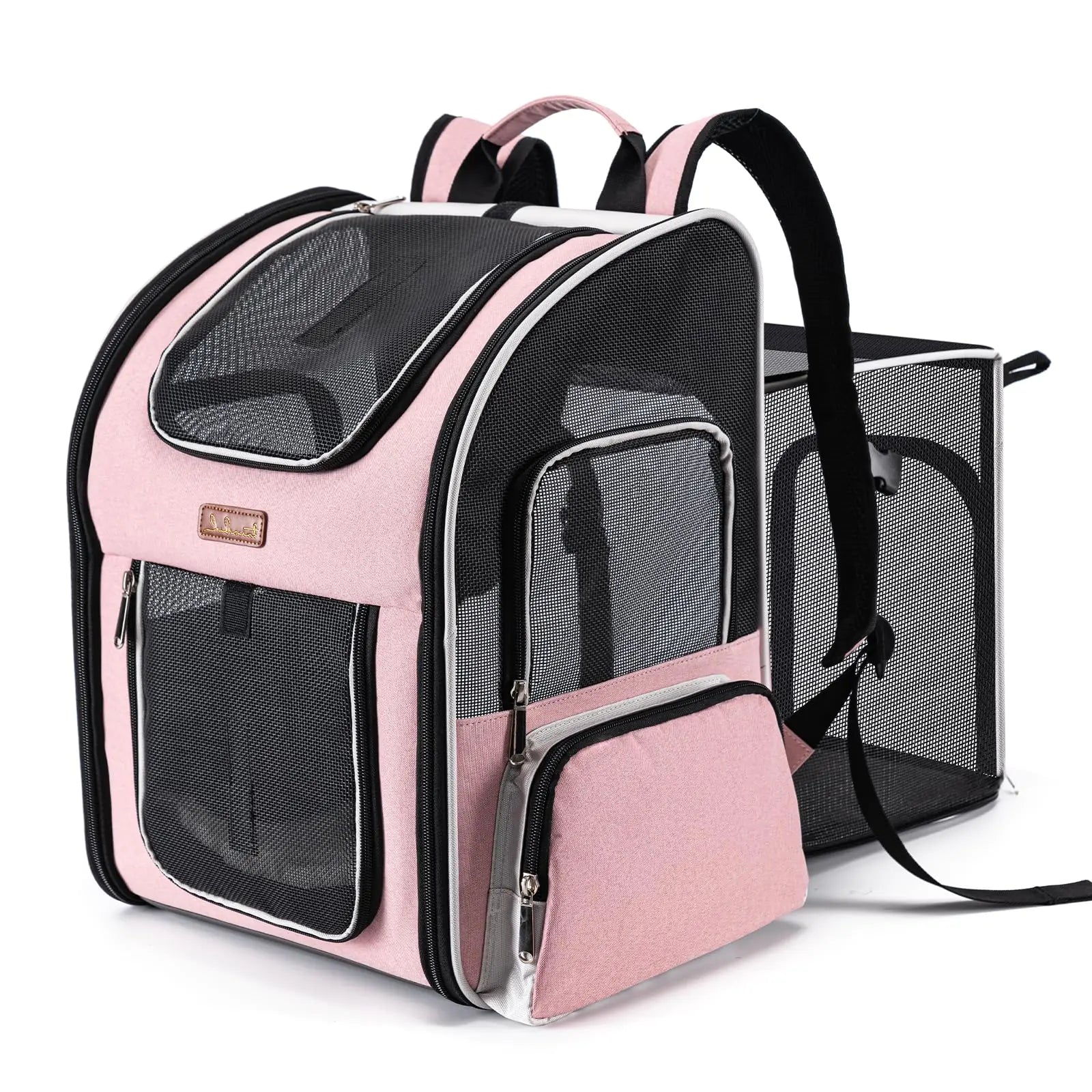 Luxury Expandable Pink Pet Backpack - Airline-Approved Carrier for Cats & Dogs up to 18 lbs, featuring a comfortable and durable design, it is travel-friendly with ventilated multi-entrance for pets, ideal for puppies and kittens.