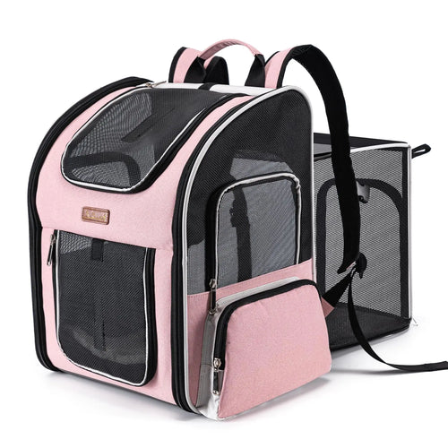 Luxury Expandable Pink Pet Backpack - Airline-Approved Carrier for Cats & Dogs up to 18 lbs, featuring a comfortable and durable design, it is travel-friendly with ventilated multi-entrance for pets, ideal for puppies and kittens.