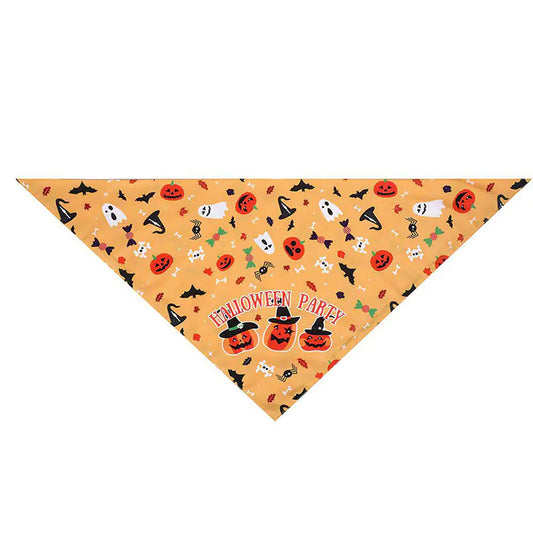 Halloween-themed bandana with pumpkins, ghosts, and witches on an orange background