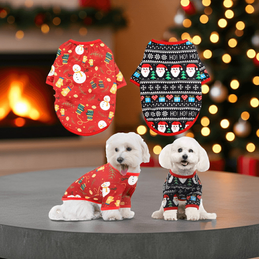 Festive Dog Shirt Set featuring 2 holiday dog shirts designed for small pets, perfect for Christmas celebrations.