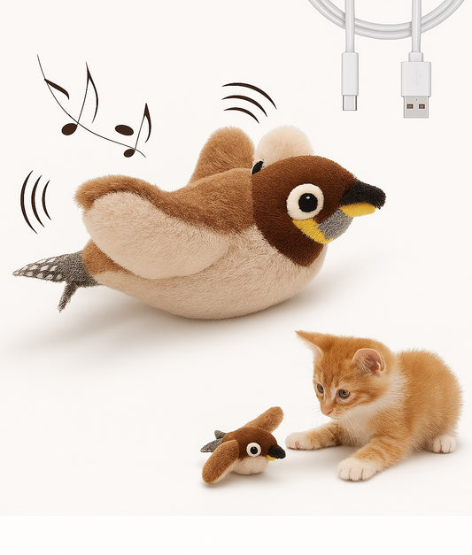 Plush bird toy with music notes, USB cable, and a kitten on a white background