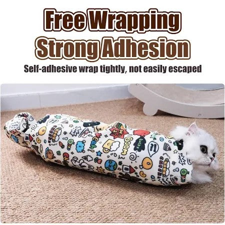 Cat in a self-adhesive wrap on a carpeted floor.
