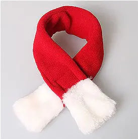 Red scarf with white fur trim on a light gray background