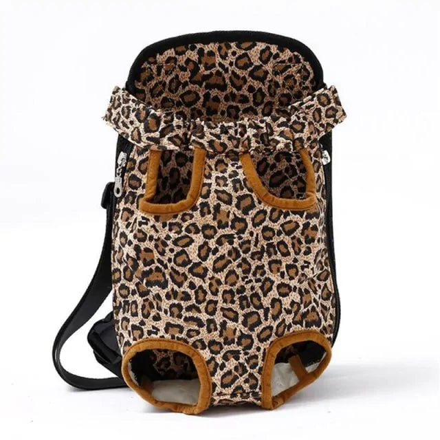 A leopard breathable pet travel backpack.