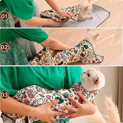 Step-by-step process of wrapping a cat in a grooming wrap.