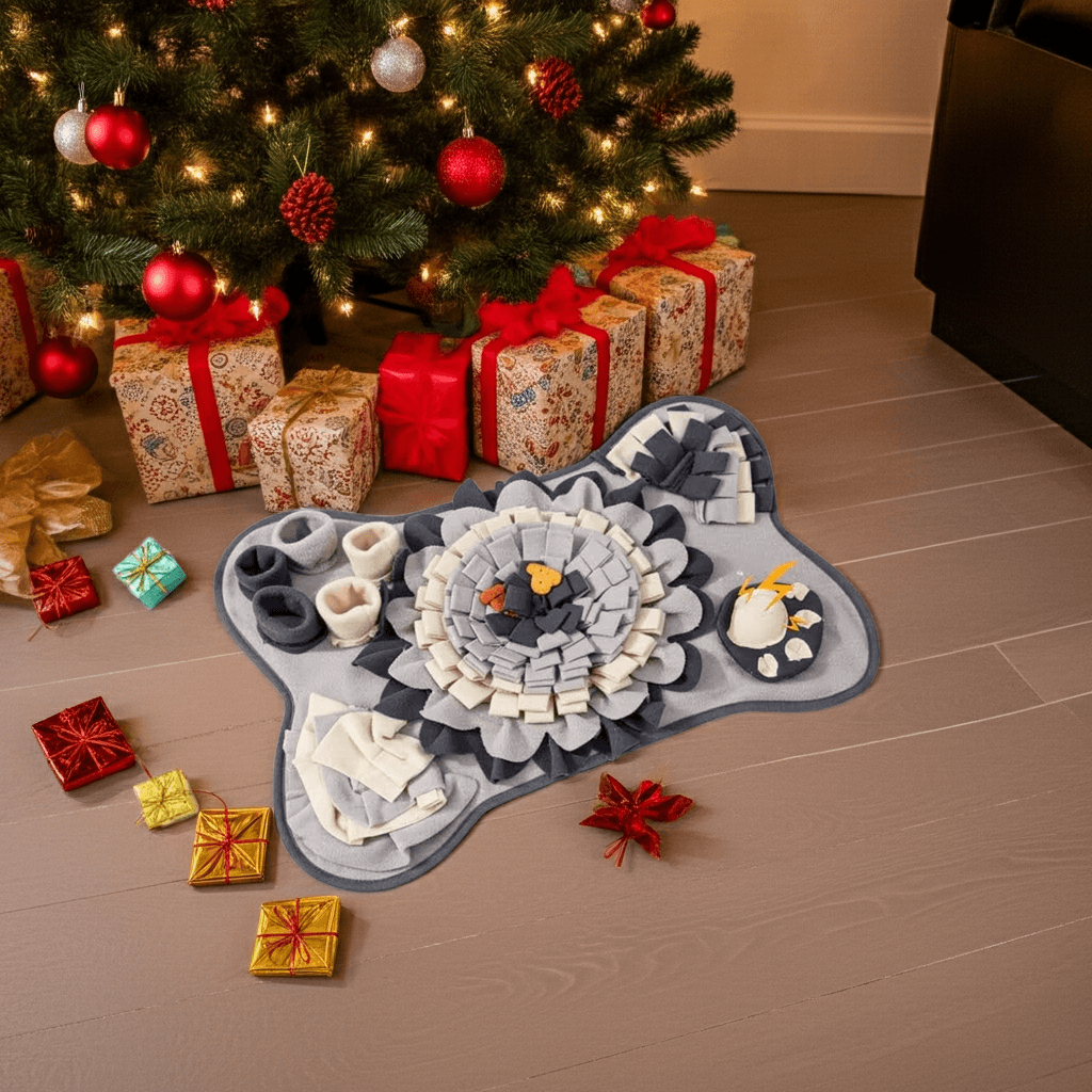 The Interactive Puppy Play Mat by ModPets displayed under a Christmas tree, filled with gifts, emphasizing its soft fleece texture and engaging foraging elements, creating an inviting luxury environment for playful pets.