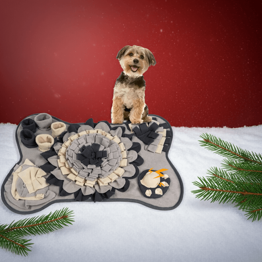 A small dog sitting proudly on the Interactive Puppy Play Mat by ModPets, surrounded by a festive winter backdrop, illustrating the mat's interactive features and soft fleece design that stimulate foraging instincts in a playful setting.