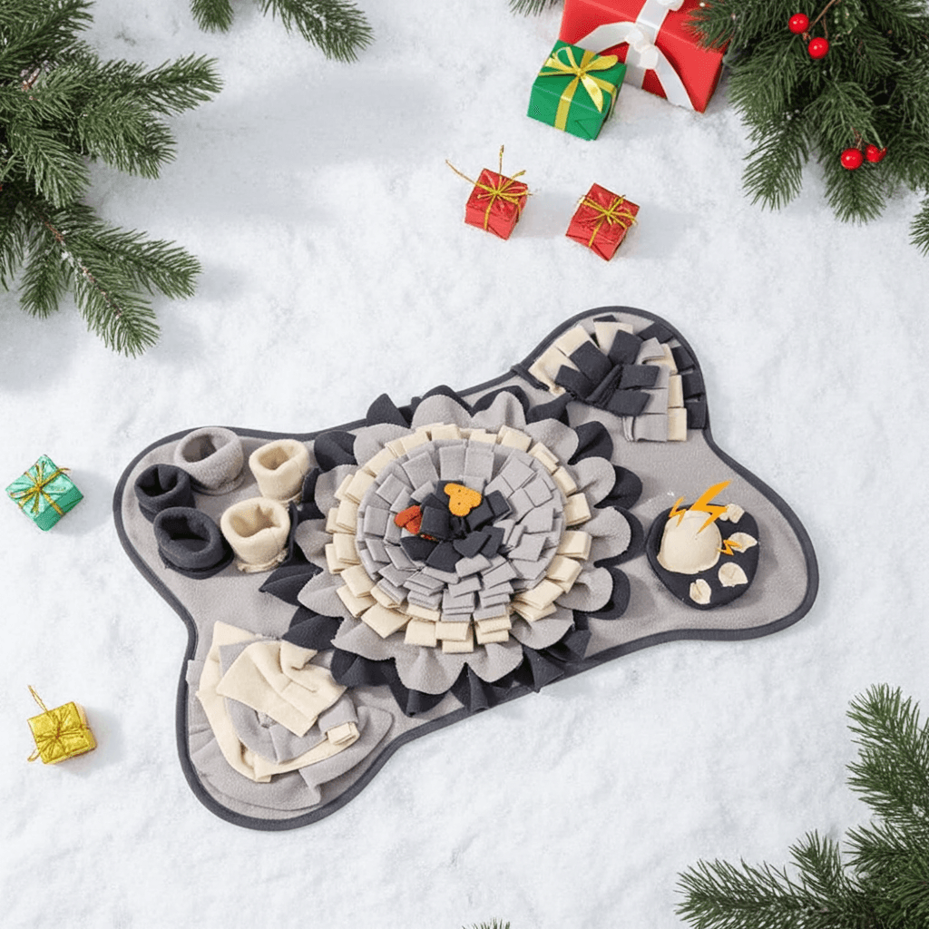 The Interactive Puppy Play Mat by ModPets set in a snowy holiday scene, adorned with colorful presents, highlighting the mat's plush design and enticing treat compartments for puppies, making it a perfect gift for your furry friend.