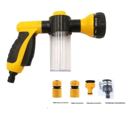 Yellow and black garden hose spray gun with various connectors on a white background
