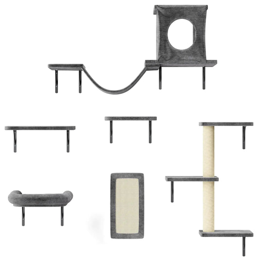 Collection of cat shelves and perches on a white background