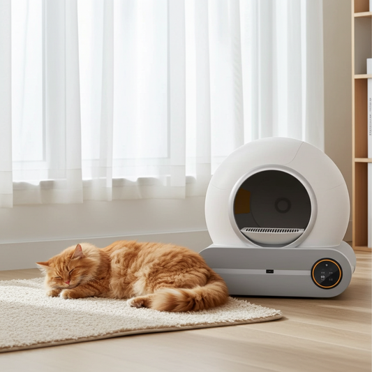 Luxurious KittyFresh Automatic Litter Box with a cozy cat resting nearby, showcasing its modern design as an exceptional automatic litter box for multi-cat households.