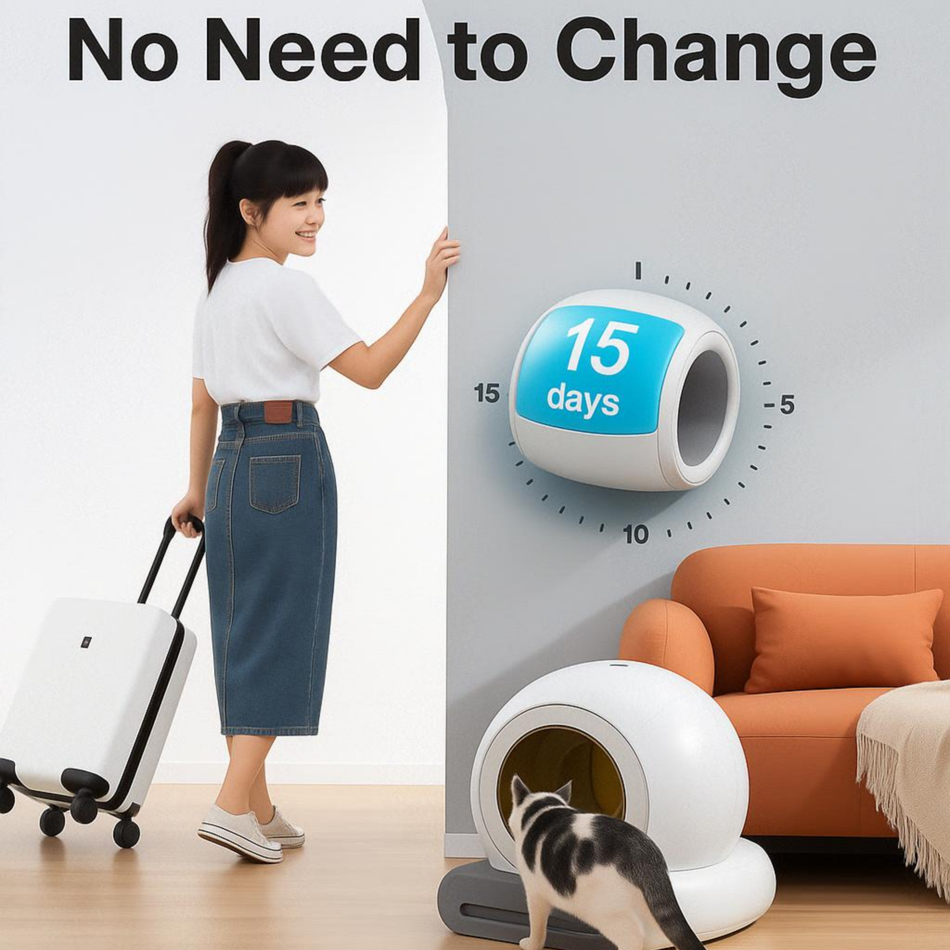 Woman with a suitcase next to automatic litter box with a timer, text 'No Need to Change for 15 days.