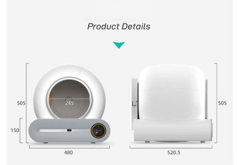White electronic litter box with measurement details on a white background