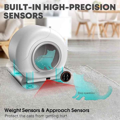 Cat litter box with built-in high-precision sensors on a carpeted floor.