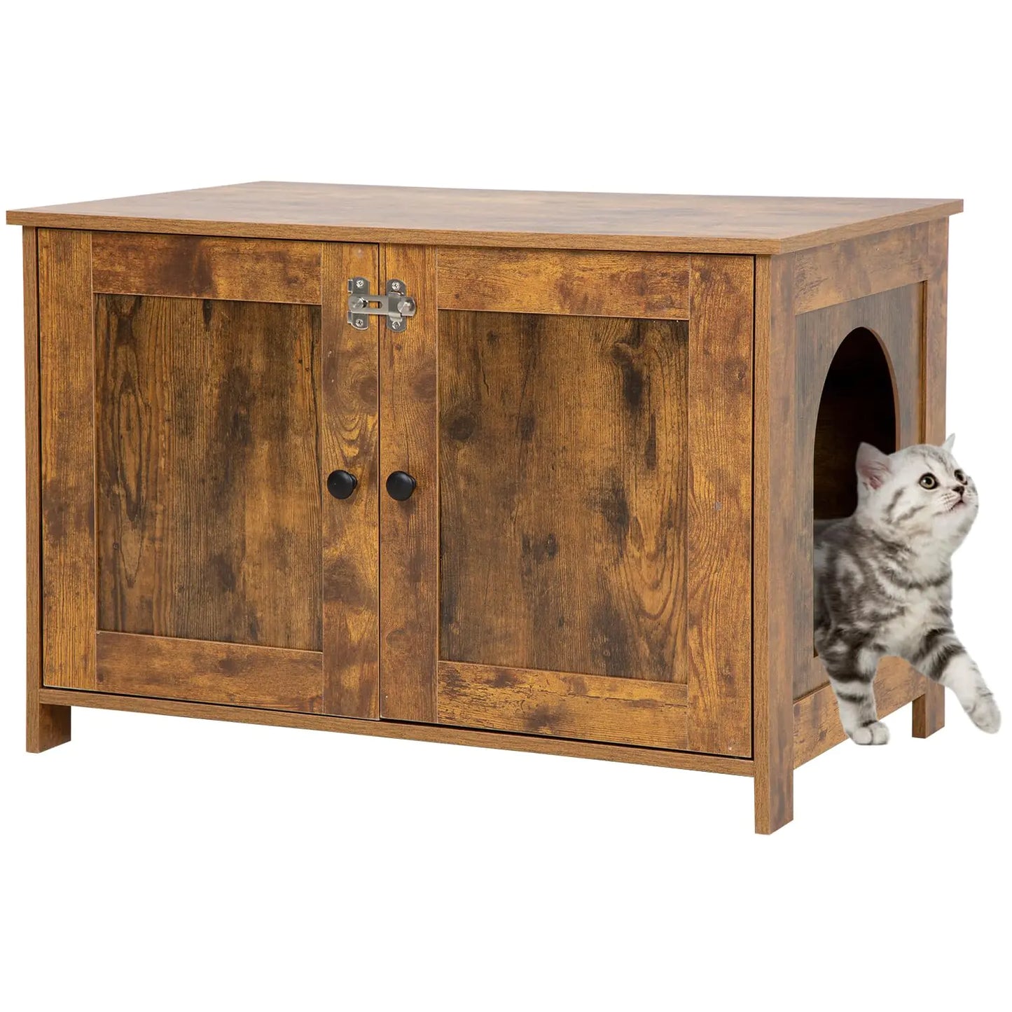 Wooden cat litter box enclosure with a cat peeking out from a hidden area on a white background