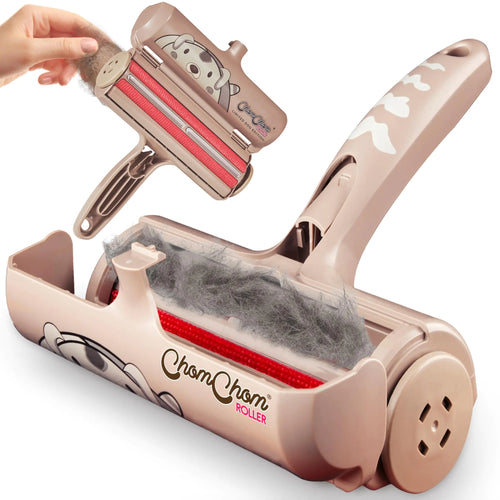 Pet hair removal roller with a clear container showing collected fur, on a white background.