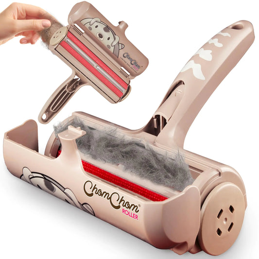 Pet hair removal roller with a clear container showing collected fur, on a white background.