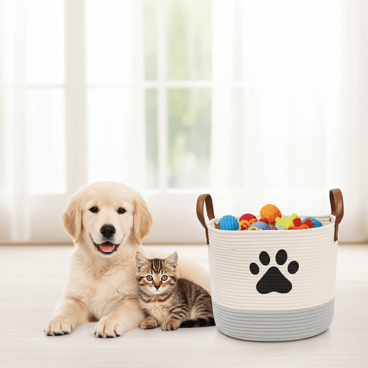 Dog and cat sitting next to a eco-friendly pet toy basket on a light-colored floor.