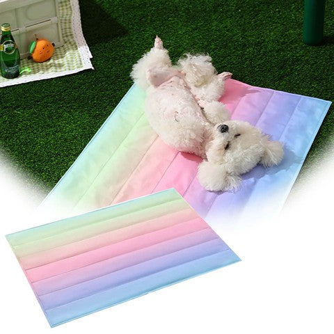 Small dog lying on a colorful ice  mat with a grassy background