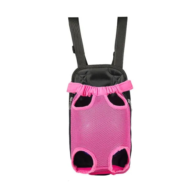 A pink breathable pet travel backpack.