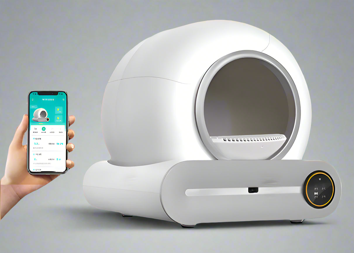 Cat litter box with smartphone displaying app on a blue background