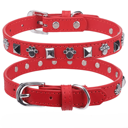 Adjustable Studded Leather Pet Collar XS, a comfortable small dog collar designed for growing pets, featuring a rust-proof buckle.
