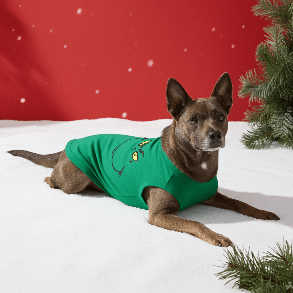 Cute dog wearing a SUEOSU Festive Dog T-Shirt, showcasing a festive holiday print, perfect for your furry friend. A soft and breathable festive dog t-shirt that's great for winter celebrations.