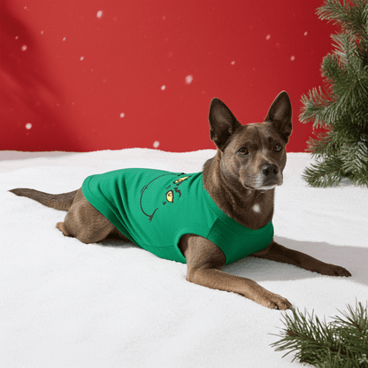 Cute dog wearing a SUEOSU Festive Dog T-Shirt, showcasing a festive holiday print, perfect for your furry friend. A soft and breathable festive dog t-shirt that's great for winter celebrations.