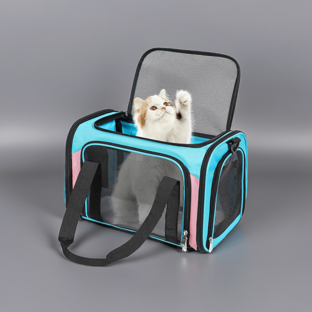 SkyPaws Soft Sided Pet Carrier 17"x11"x11" - Approved for Air Travel showcasing the breathable mesh sides and lightweight, foldable design.