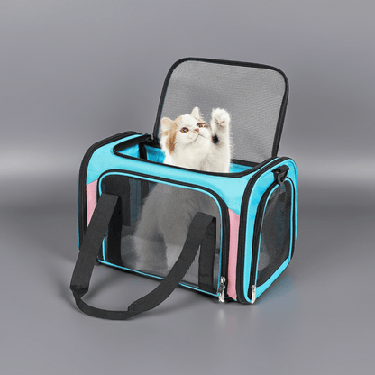 SkyPaws Soft Sided Pet Carrier 17"x11"x11" - Approved for Air Travel showcasing the breathable mesh sides and lightweight, foldable design.