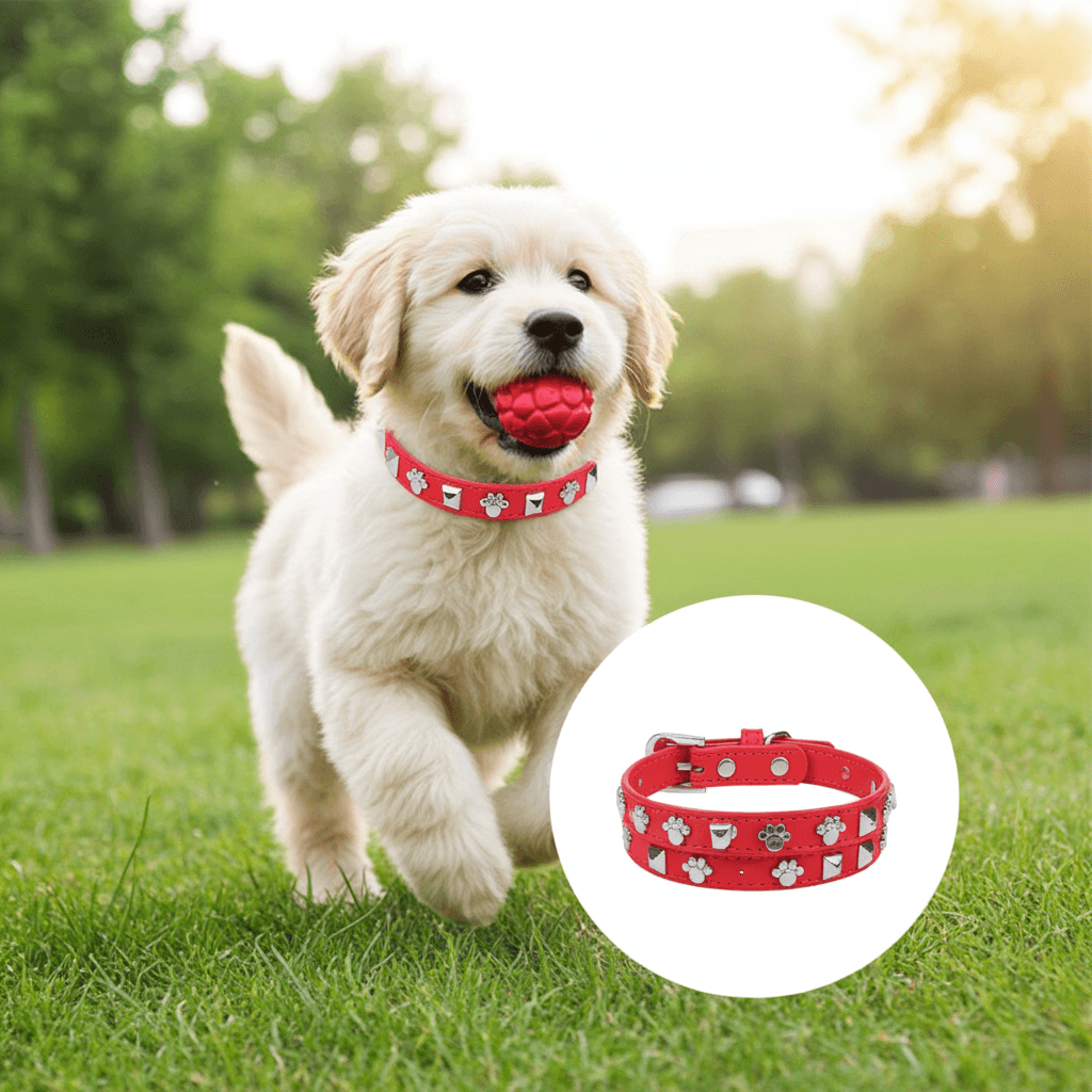 Studded Leather Pet Collar XS, a stylish small dog collar with red leather and charming paw prints, perfect for puppies.
